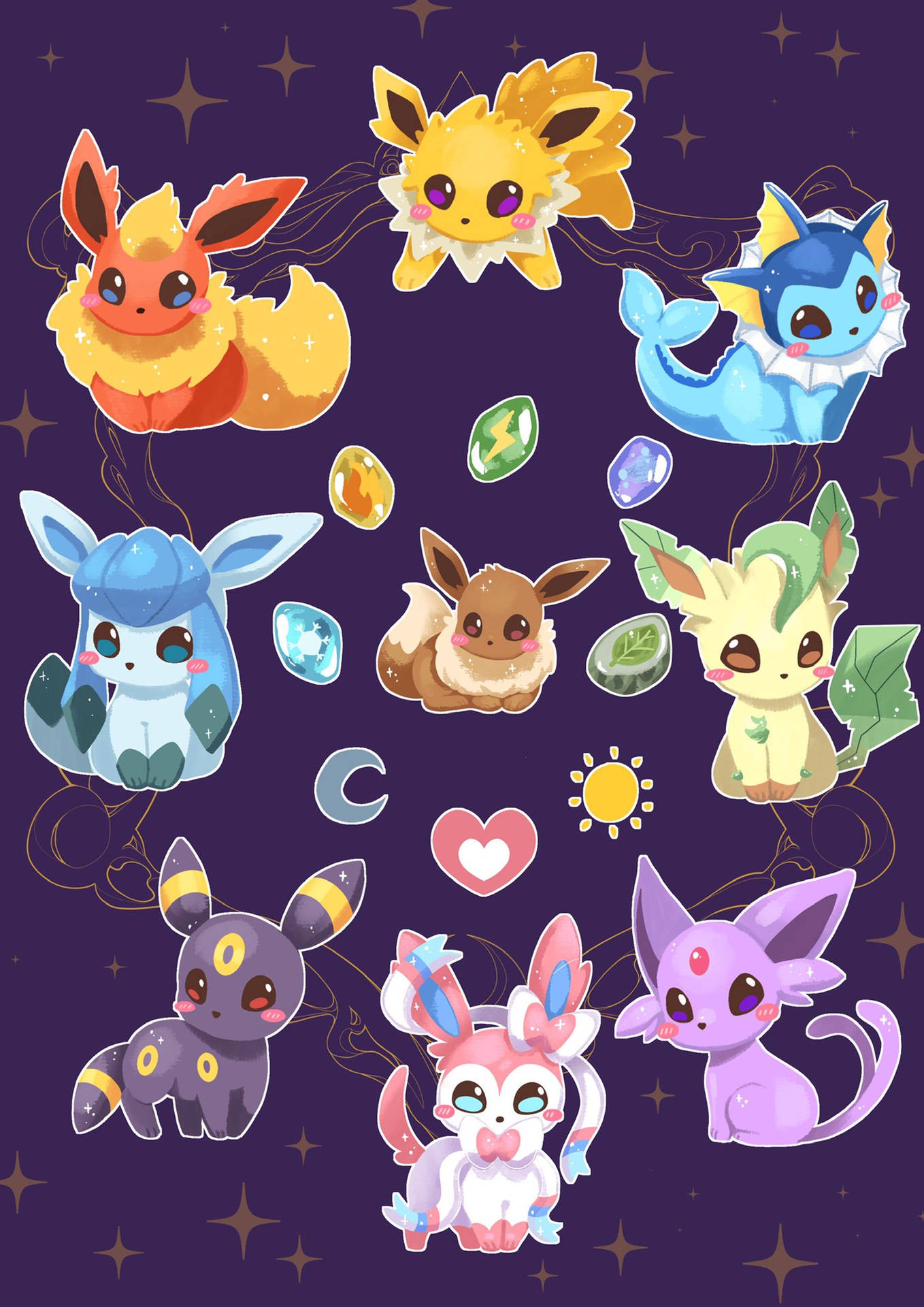 Cute Eeveelutions Pokemon Purple Background