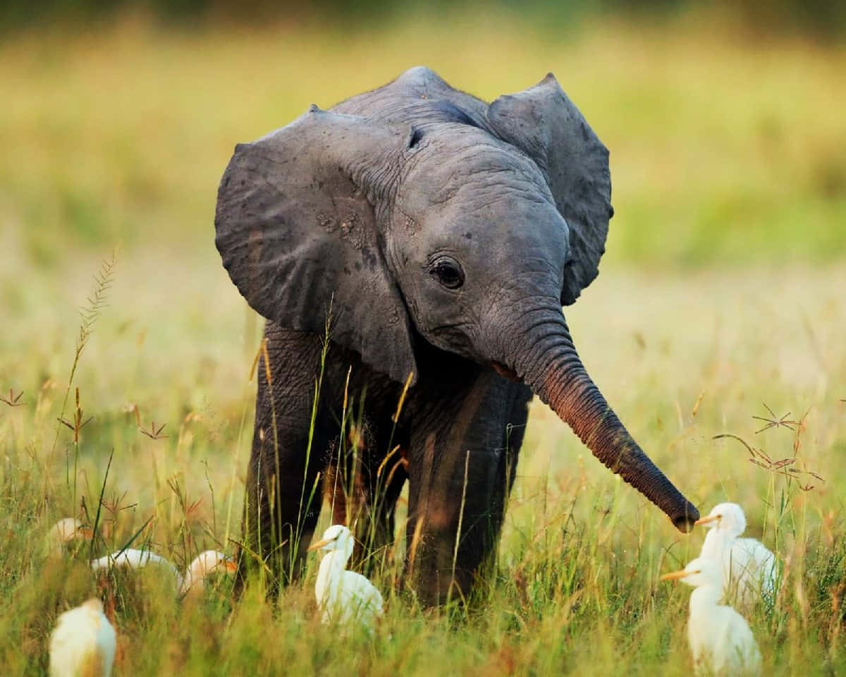 Cute Elephant Greeting Egrets Background