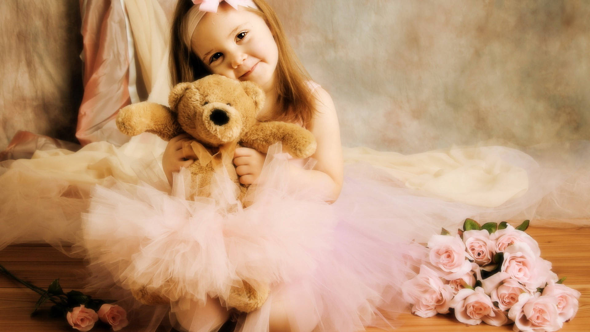 Cute Flower Girl With Teddy Bear Background