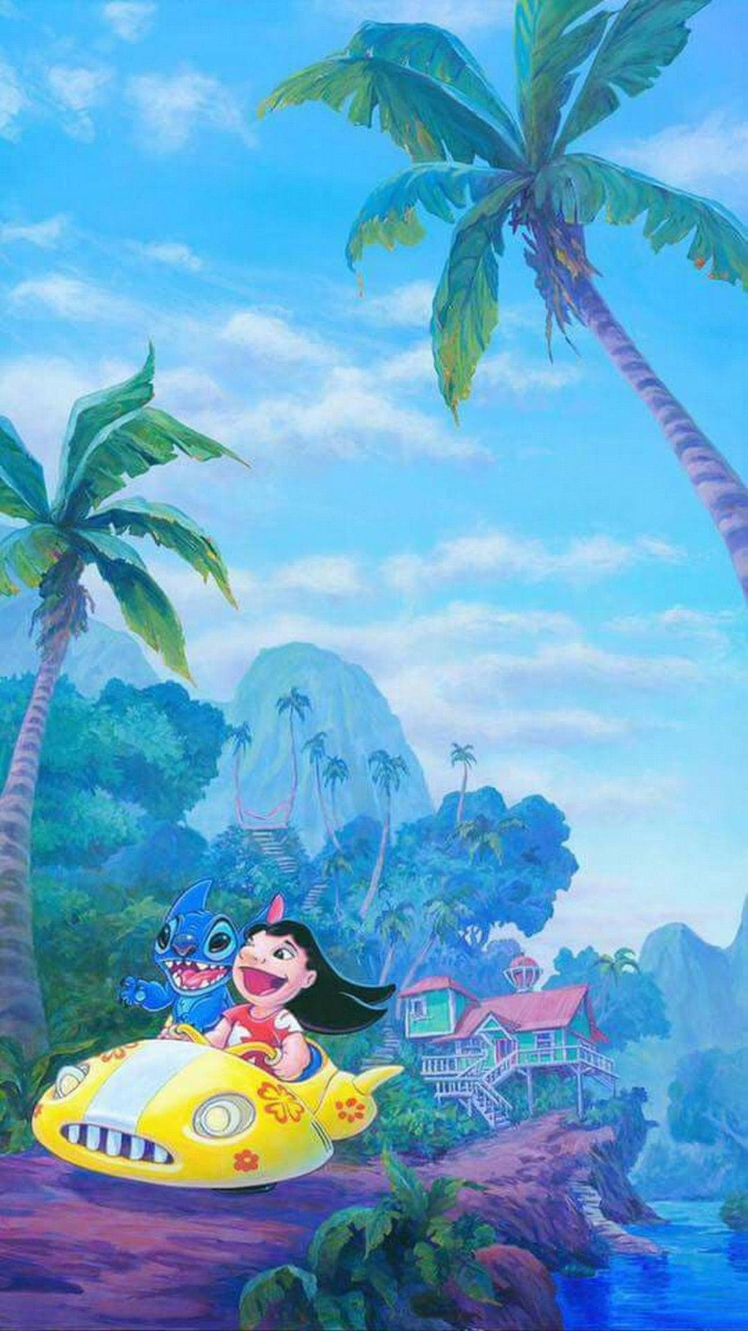 Cute Flying Lilo And Stitch Spacecraft Iphone Background