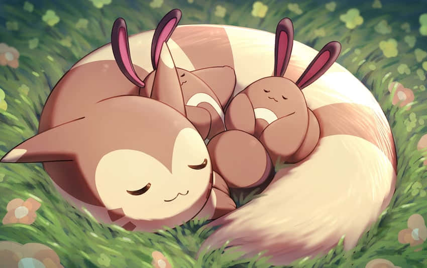 Cute Furret Sleeping With Sentret Background