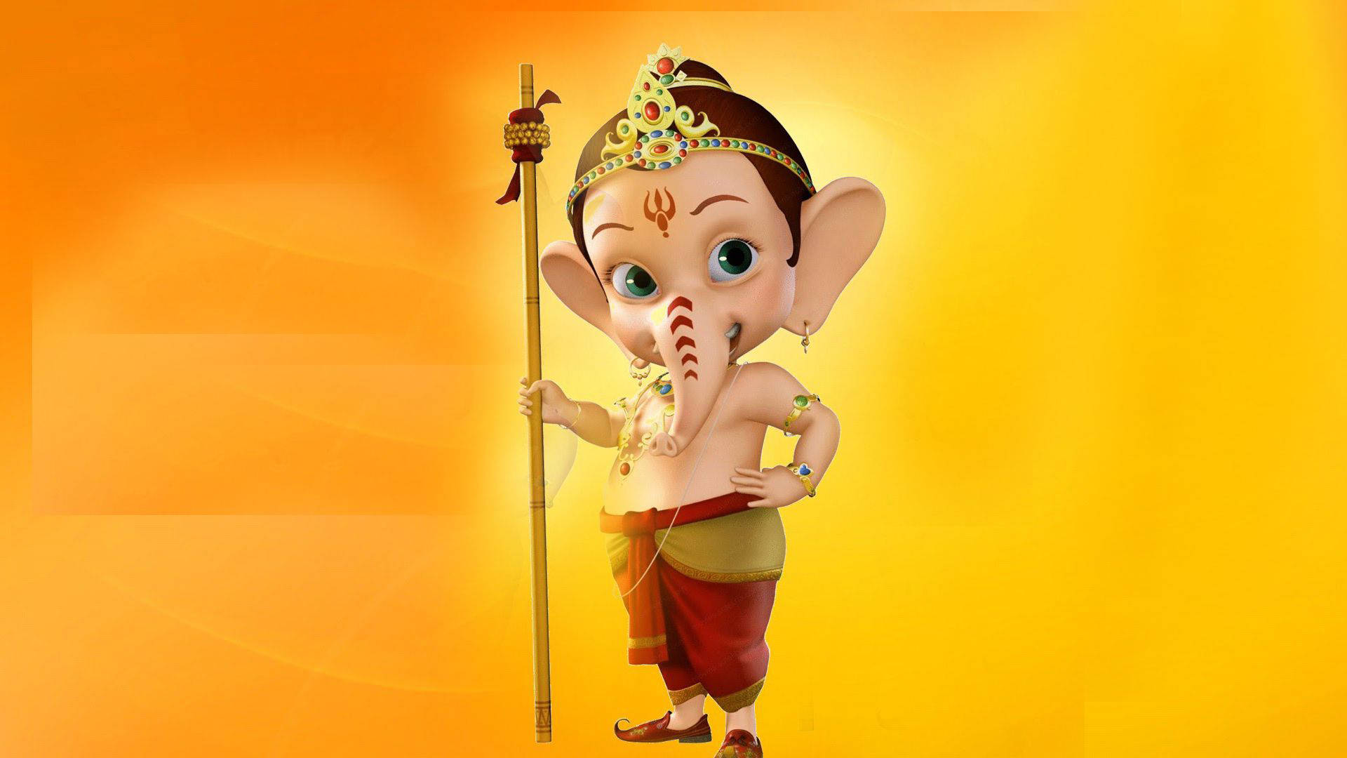 Cute Ganesha Holding Bamboo Stick Background