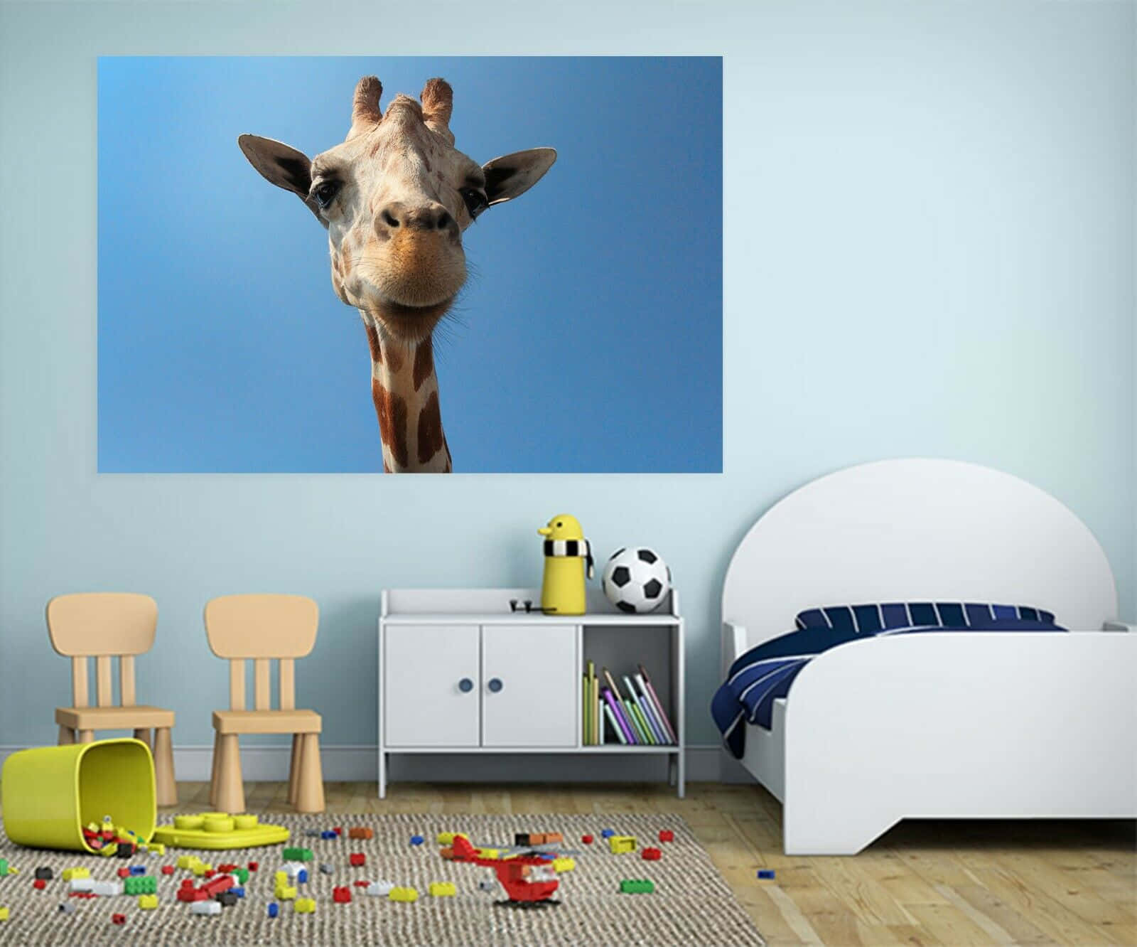 Cute Giraffe Face On Blue Wall Background