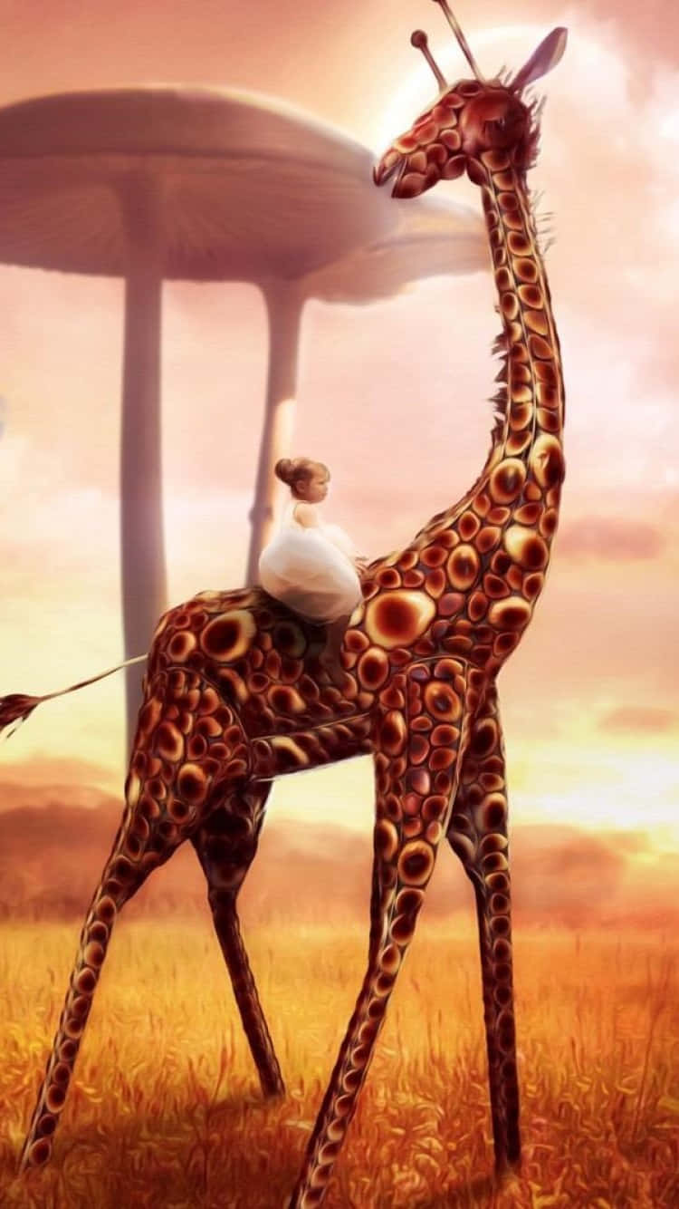 Cute Giraffe With Young Girl On Its Back Background