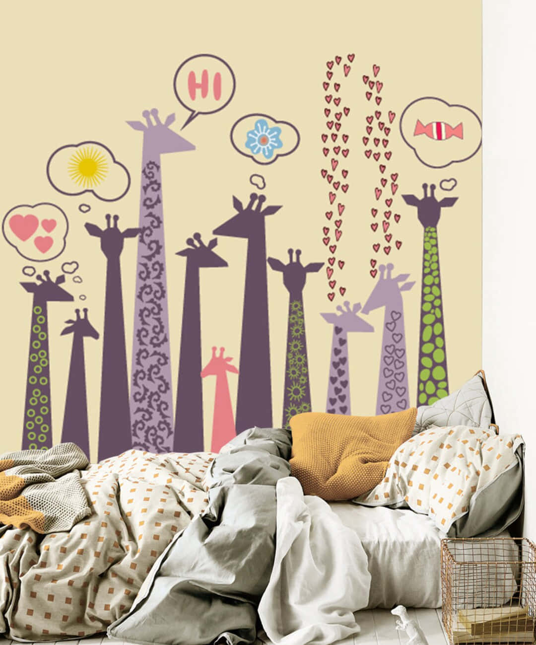 Cute Giraffes Mural Painting On Bedroom Background