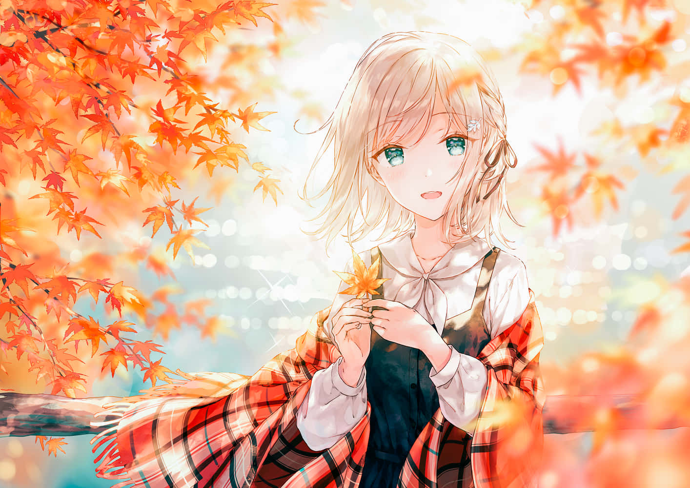Cute Girl Orange Anime Scene With Maple Leaves Background