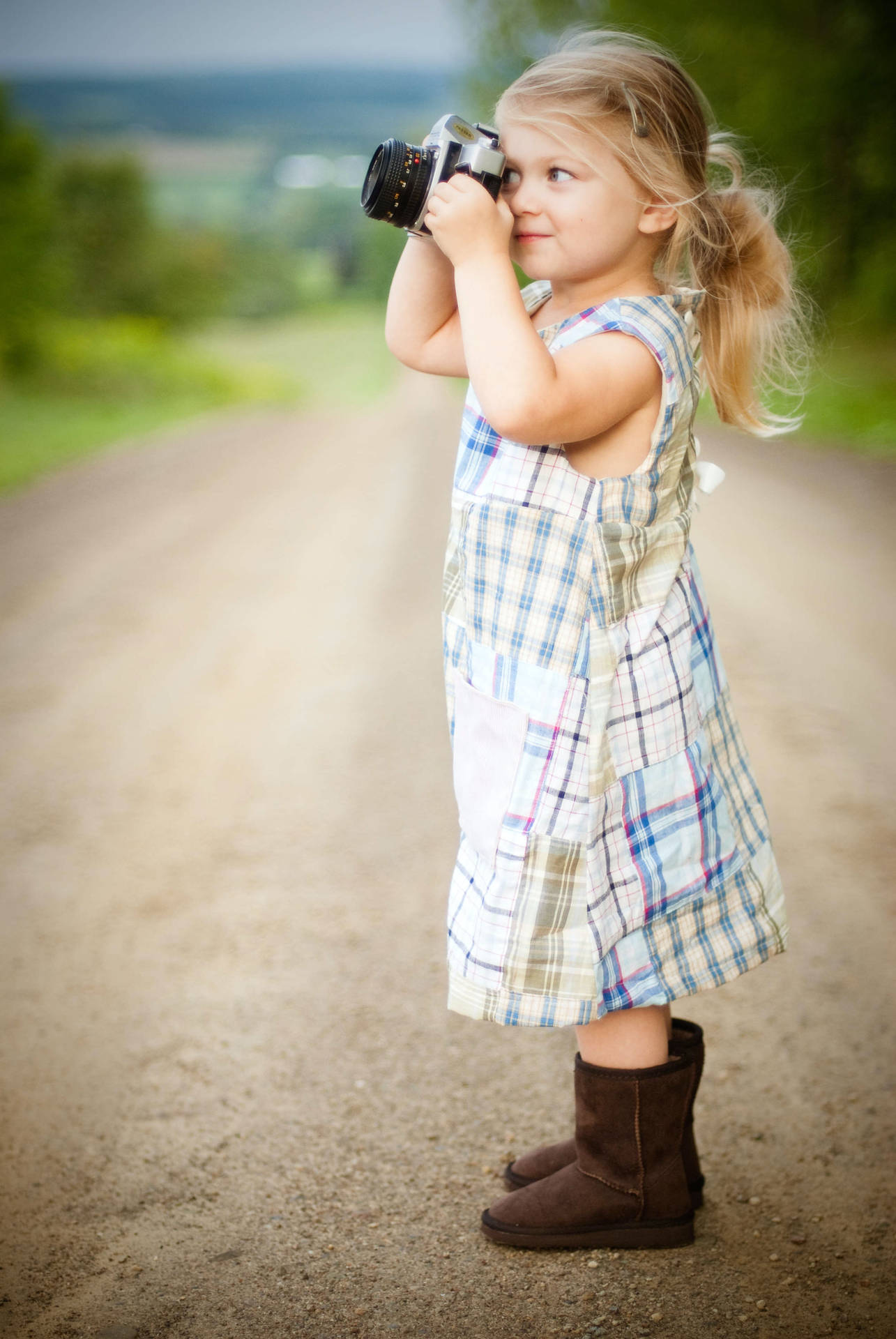 Cute Girl With Boots Taking Photos Background