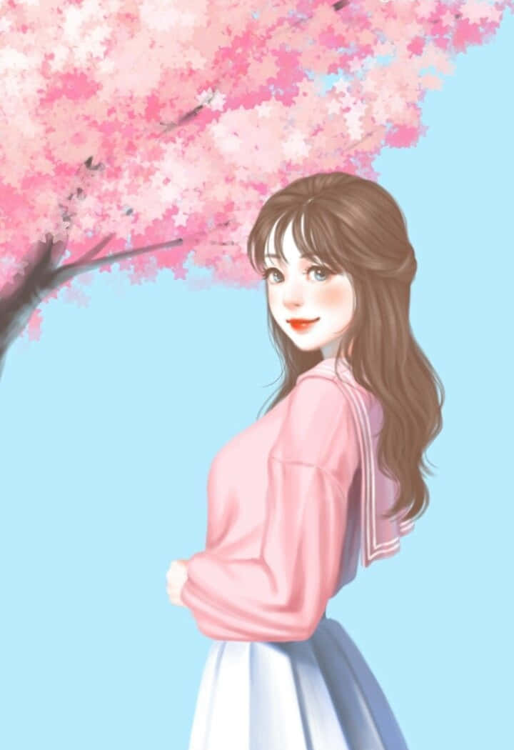 Cute Girl With Cherry Blossom Anime Cartoon Background