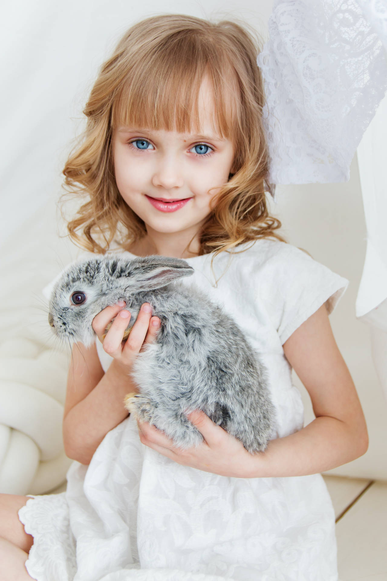 Cute Girl With Gray Rabbit Background