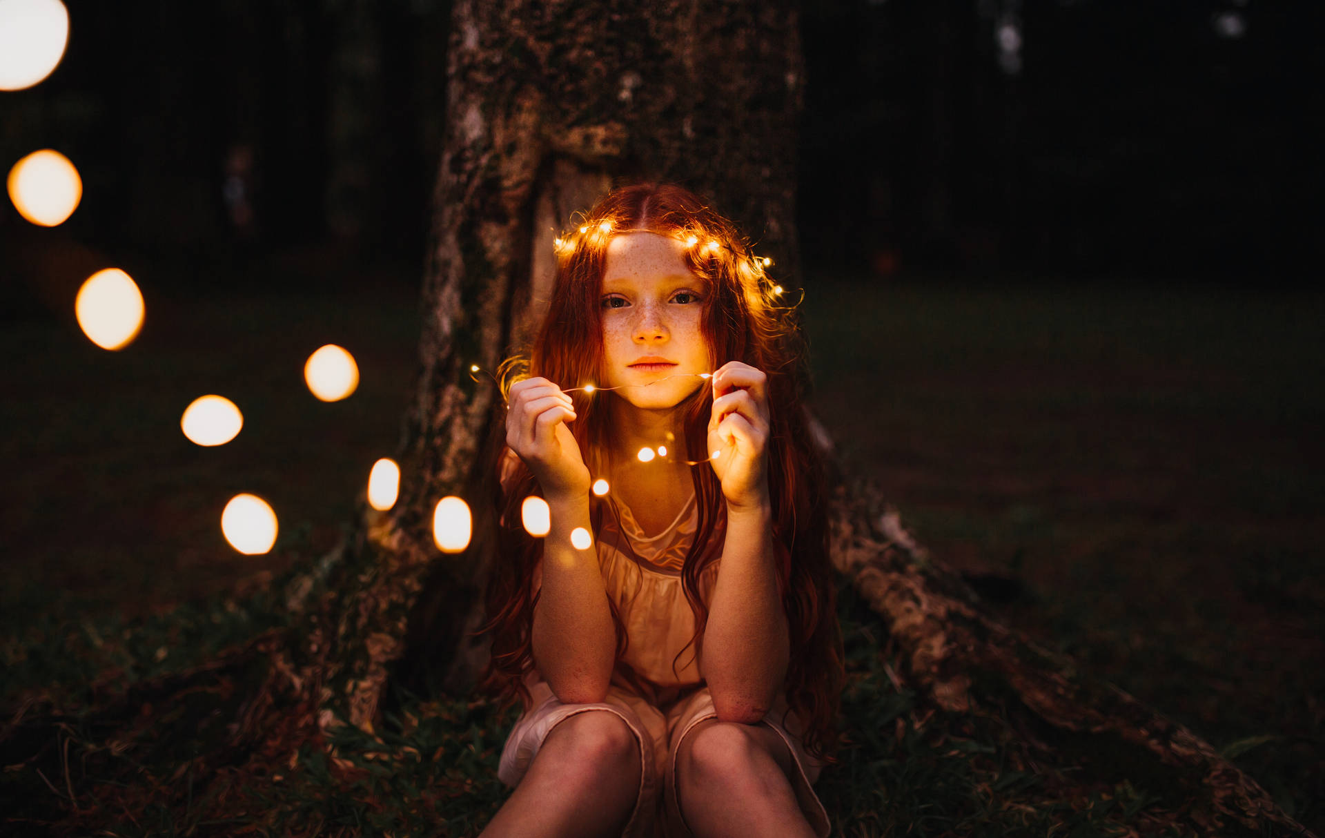 Cute Girl With Light Decorations Background