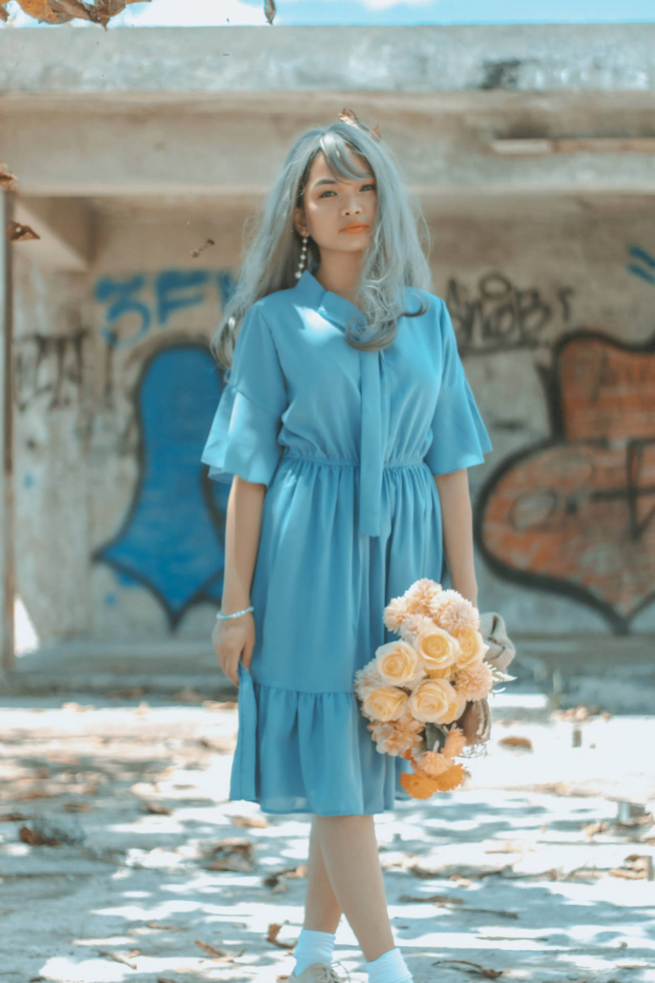 Cute Girl With Silver Hair In Blue Dress