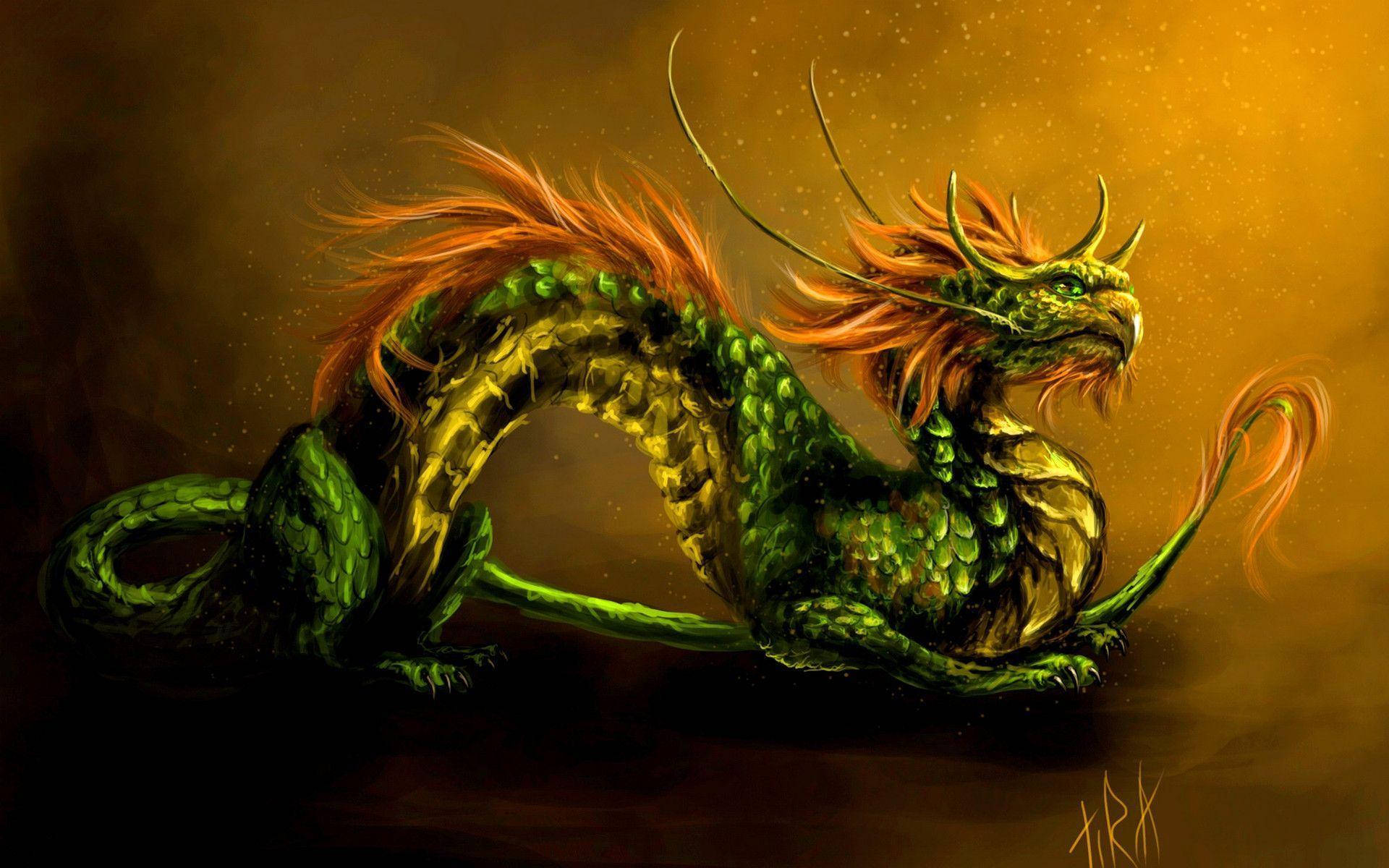 Cute Green Earth Dragon With Hair Background