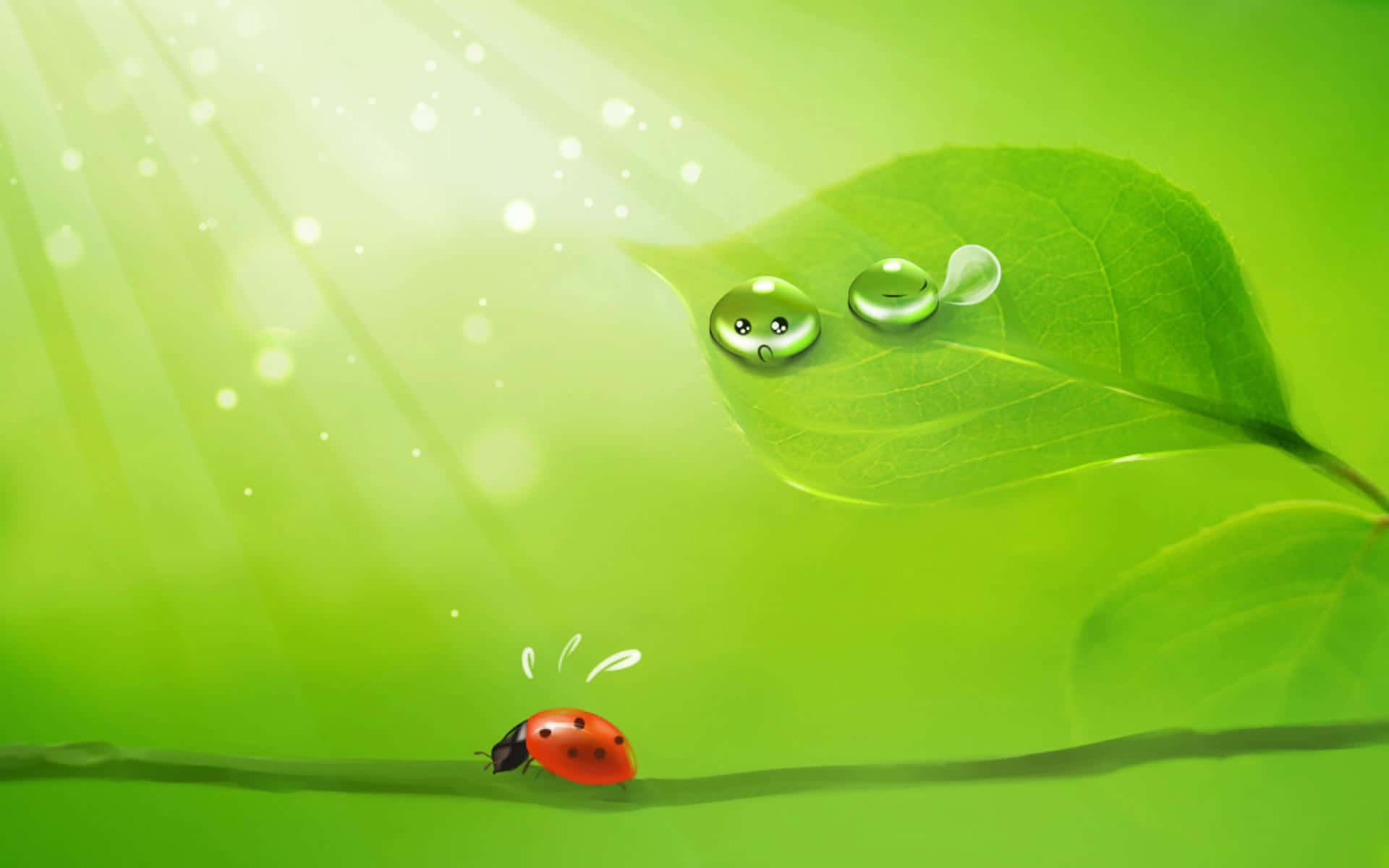 Cute Green Kawaii Morning Dew And Ladybug Background