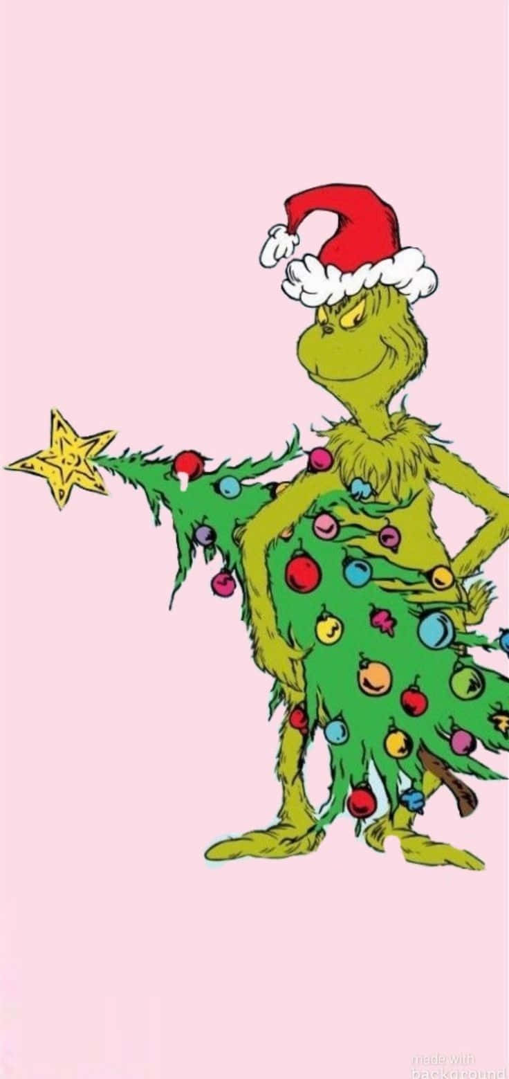 Cute Grinch Stealing Christmas Tree Background