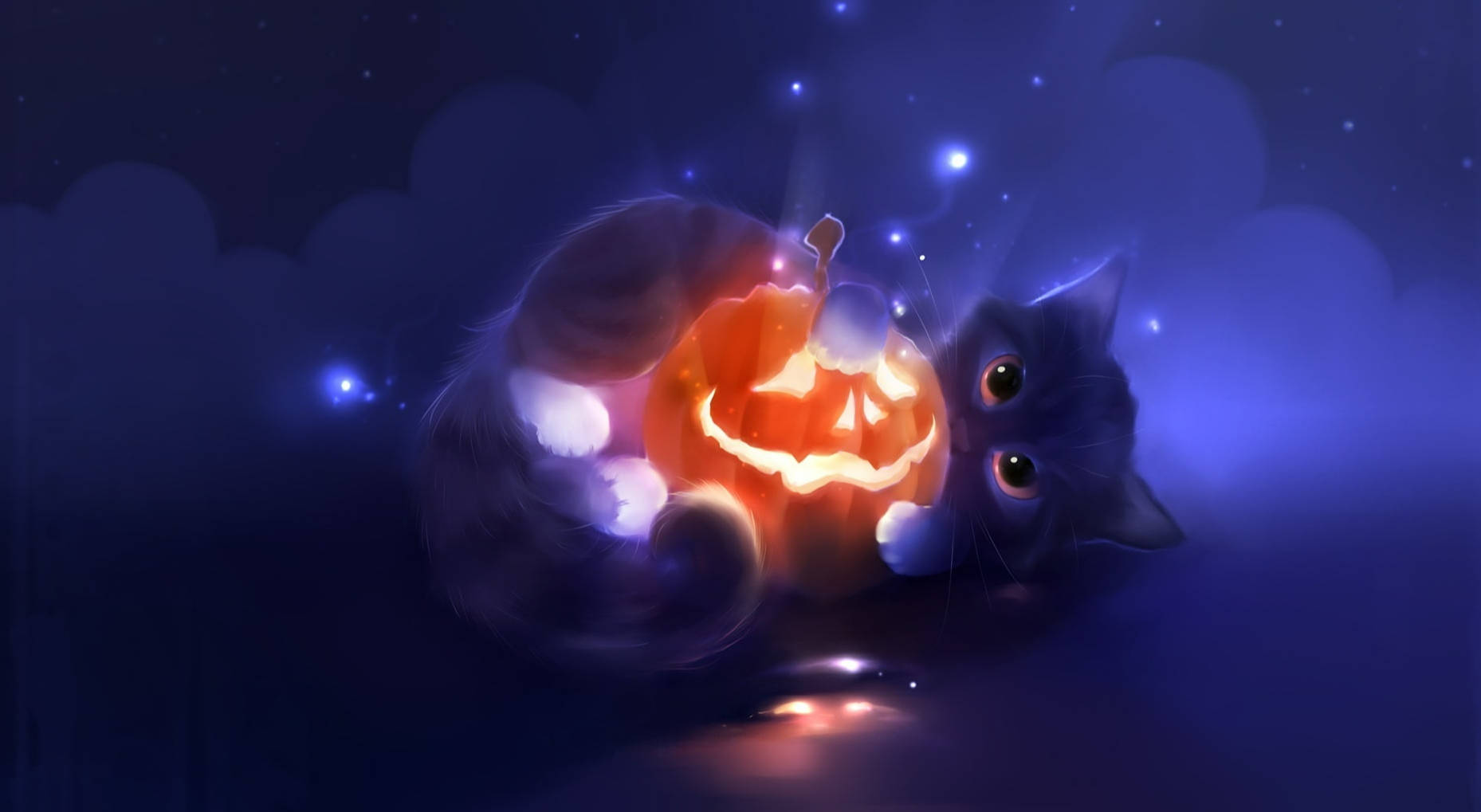 Cute Halloween Cat With Jack O' Lantern Background