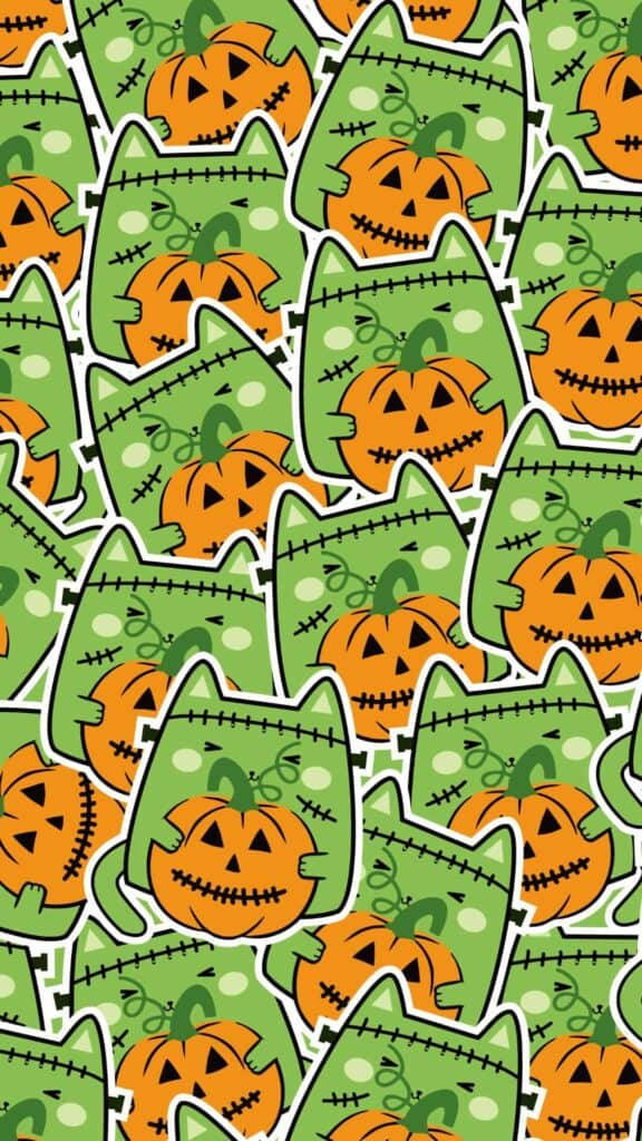 Cute Halloween Iphone Green Cat Pumpkins Background