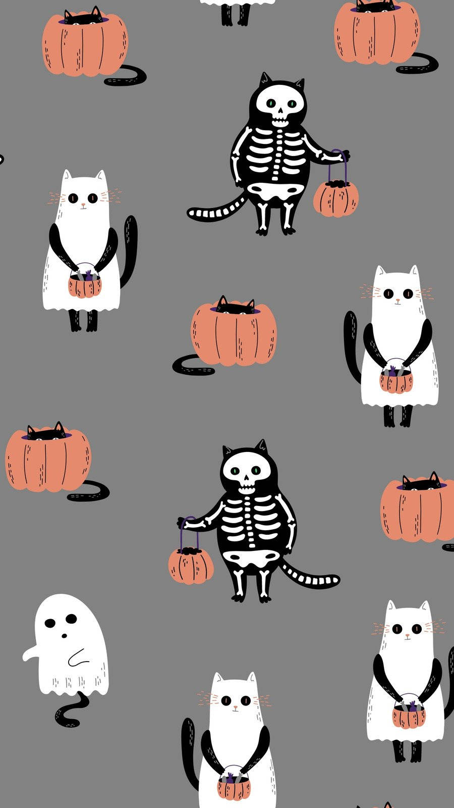 Cute Halloween Phone Cats As Skeletons And Ghosts Background