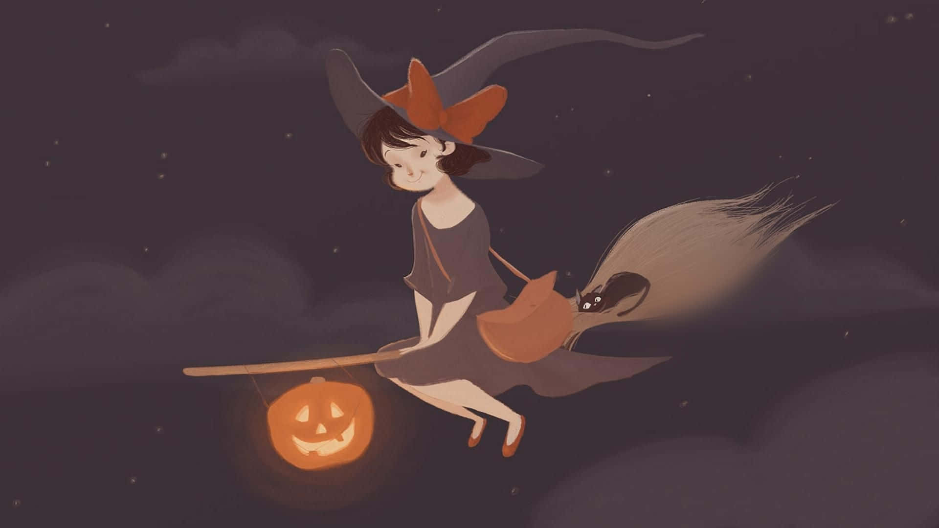 Cute Halloween Witch On Broom Background