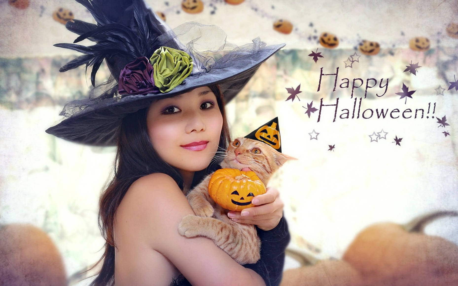 Cute Halloween Witch With Cat Background