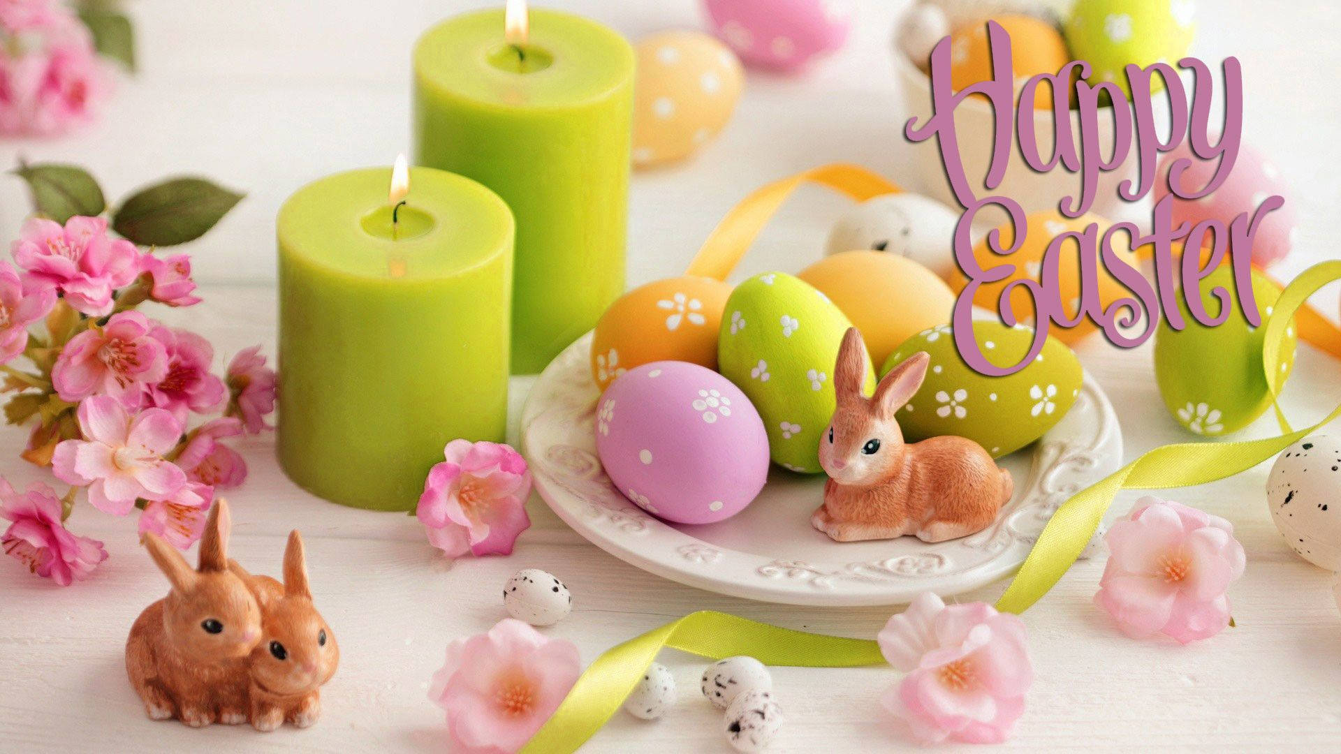 Cute Happy Easter Eggs Bunny Candle Dinner Background