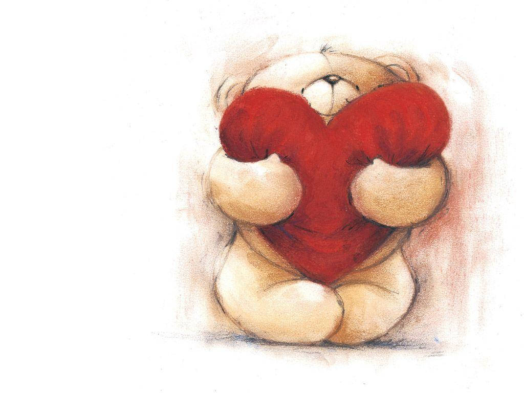 Cute Heart Hugged By Teddy Bear Background