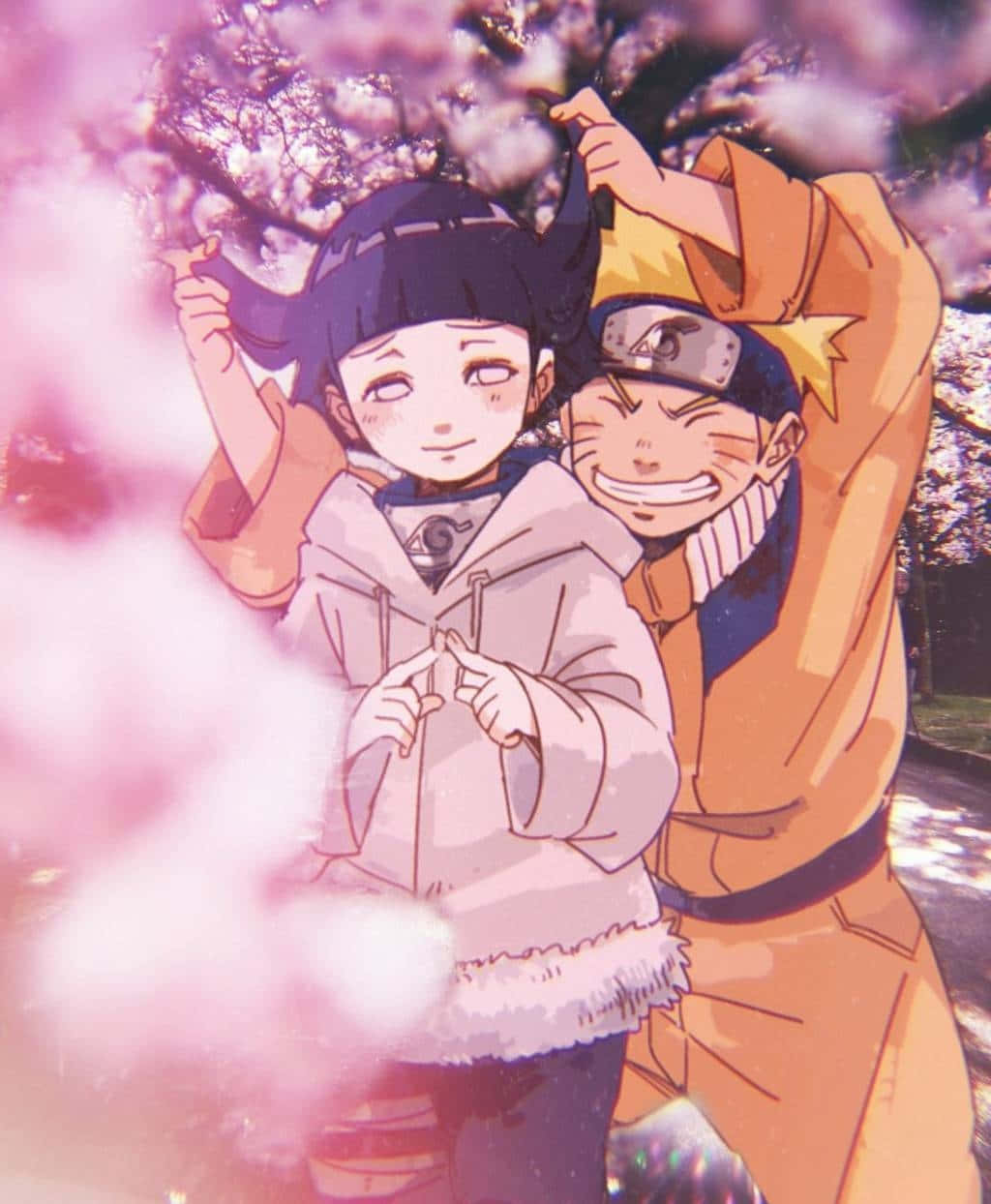 Cute Hinata And Naruto Neon Pink Sakura Tree Background