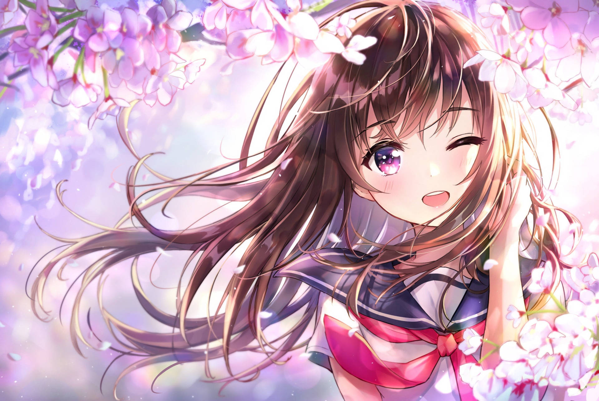 Cute Kawaii Anime Cherry Blossoms Girl Background