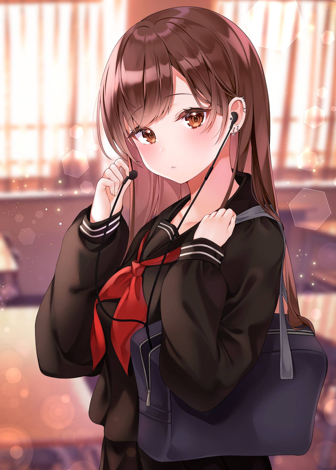 Cute Kawaii Anime Schoolgirl Earphones Background