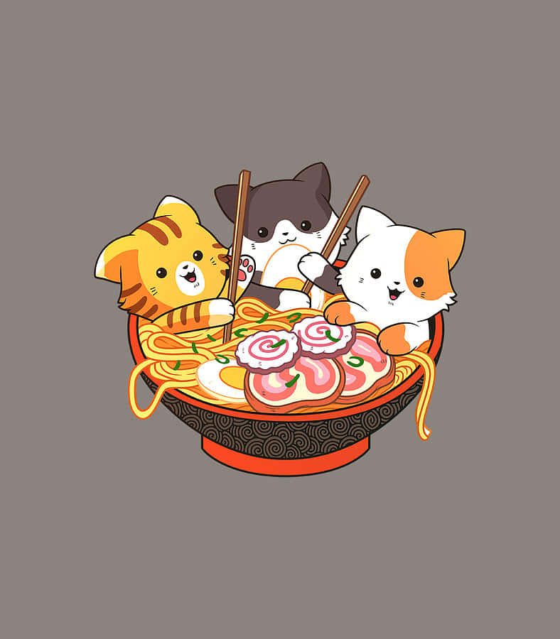 Cute Kawaii Cats Eating Ramen Background