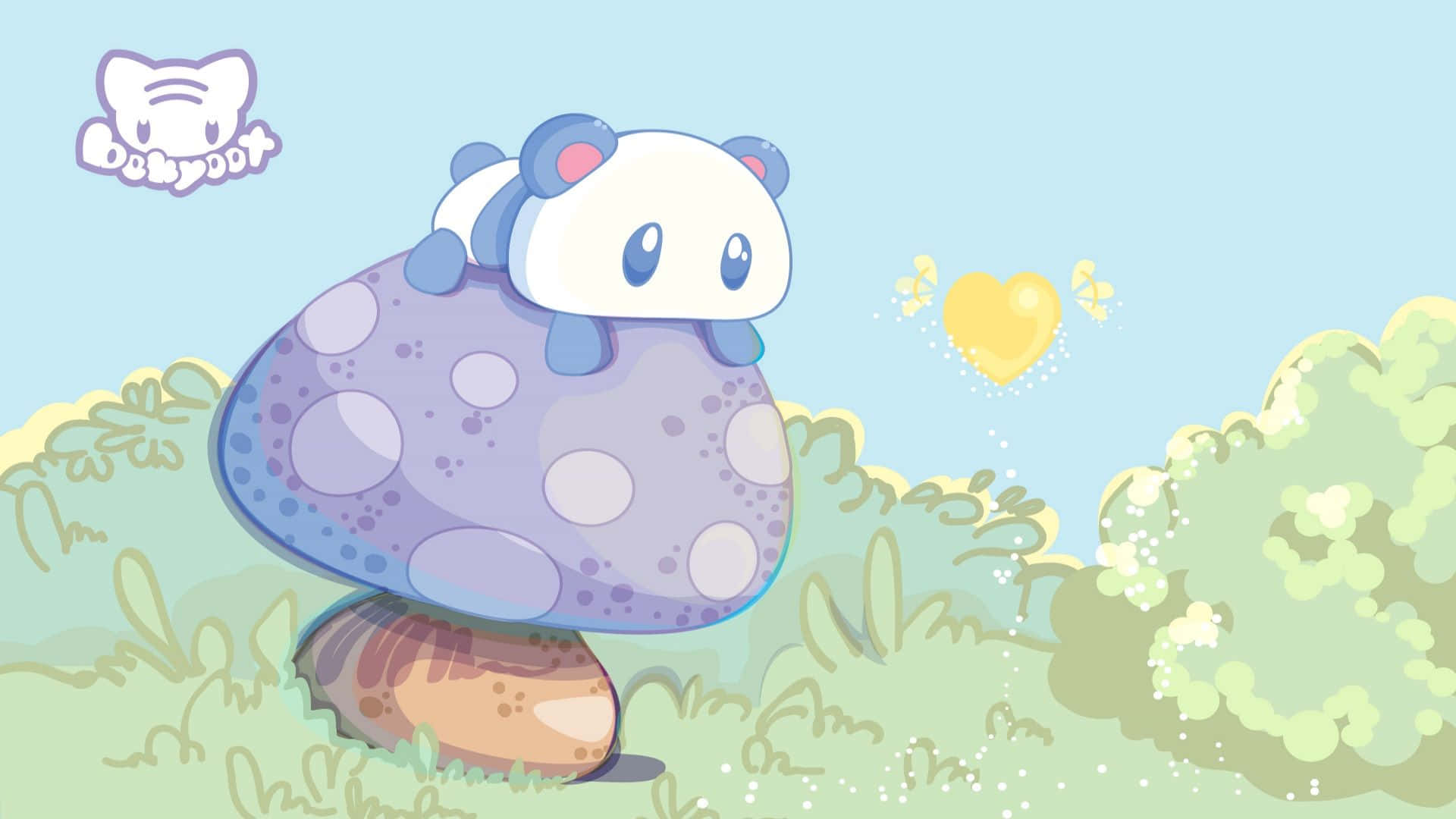 Cute Kawaii Panda On Mushroom Background