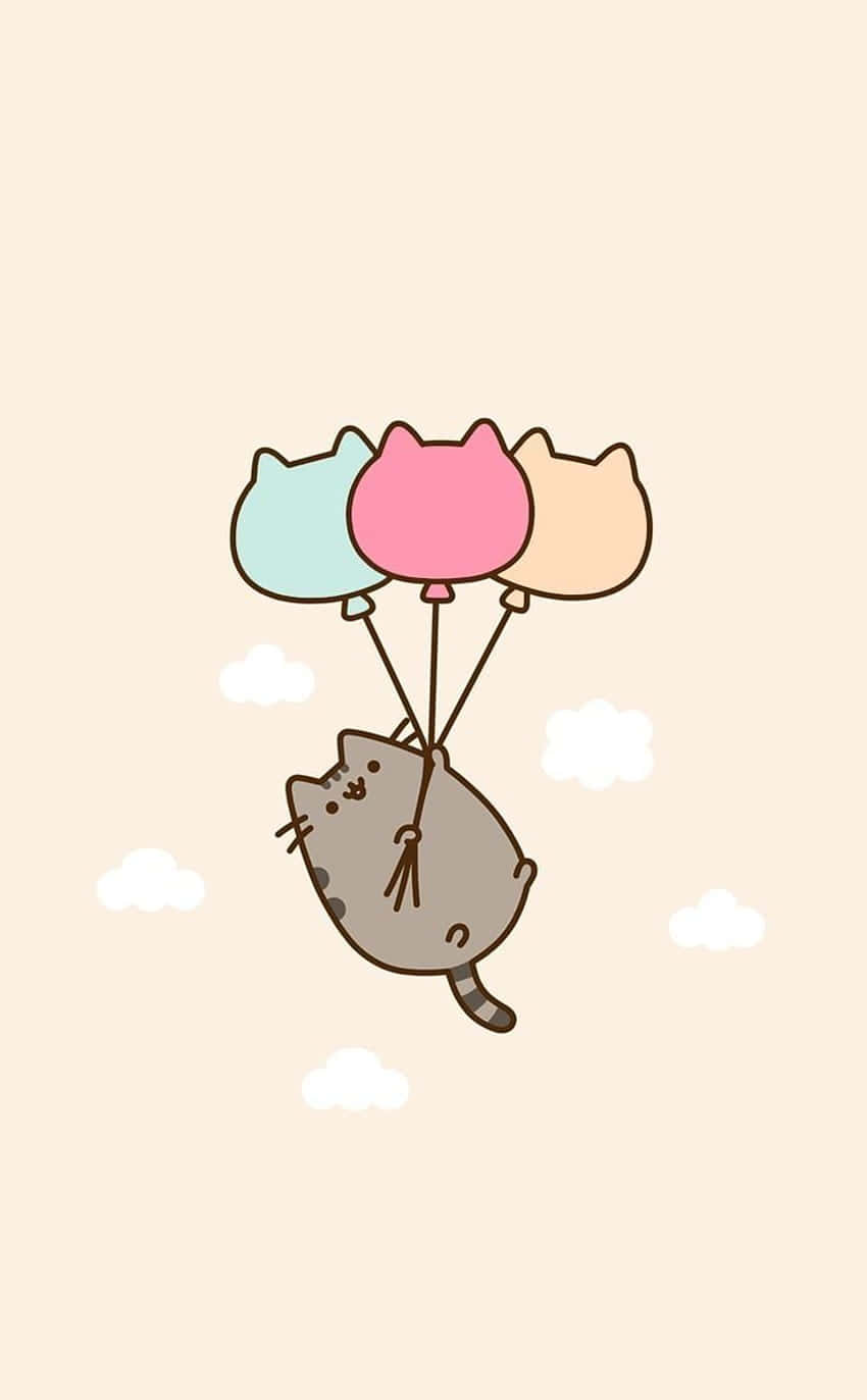 Cute Kawaii Pusheen With Balloons Background