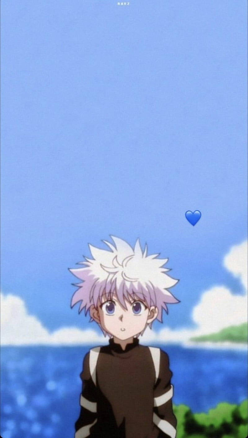 Cute Killua Looking Surprised With Ocean Background Background