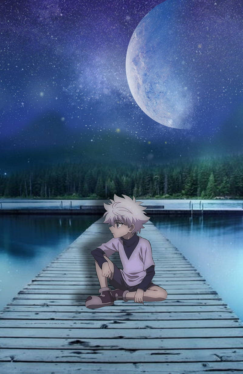 Cute Killua Sitting On A Bridge At Night Background