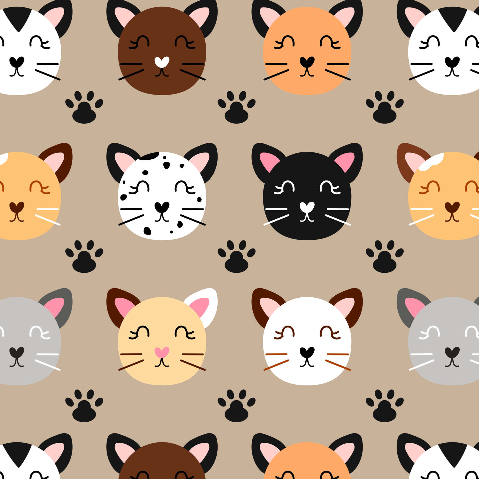 Cute Kittens With Black Paw Print Design Background