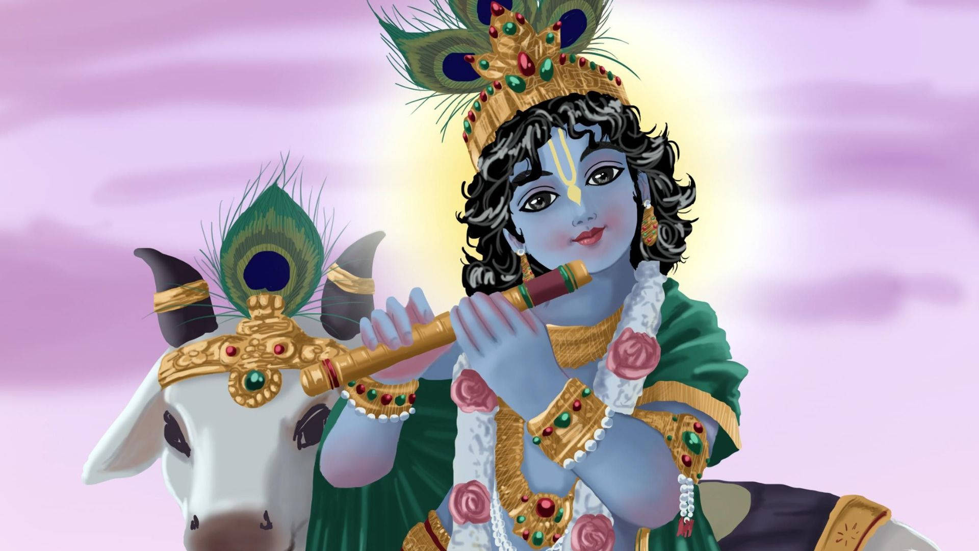 Cute Krishna With A Lamb Background