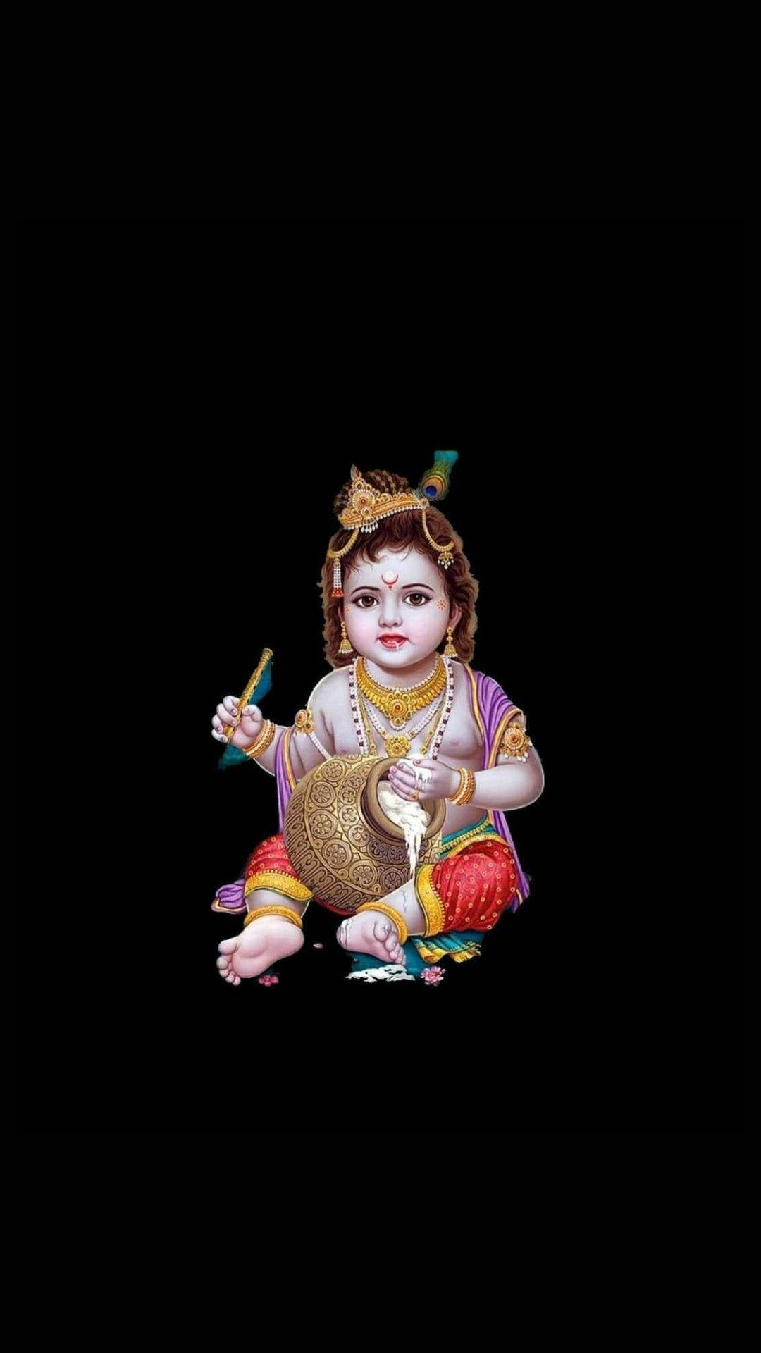 Cute Krishna With Pot And Flute