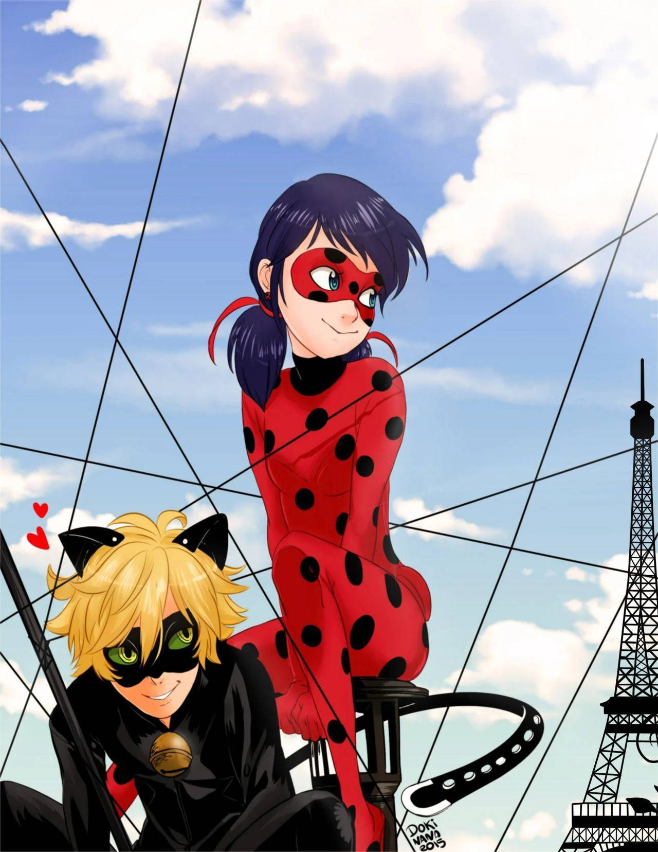 Cute Ladybug And Cat Noir Near Eiffel Tower Background