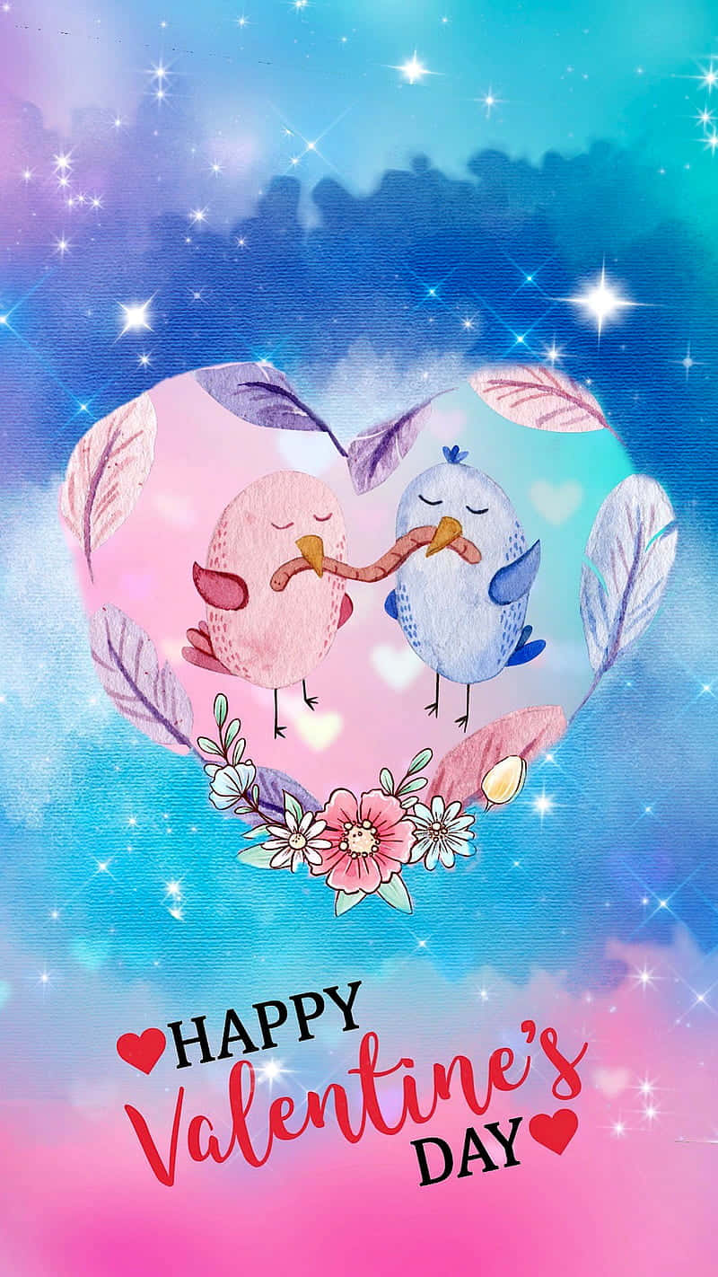 Cute Love Birds Celebrating Valentine's Day Background