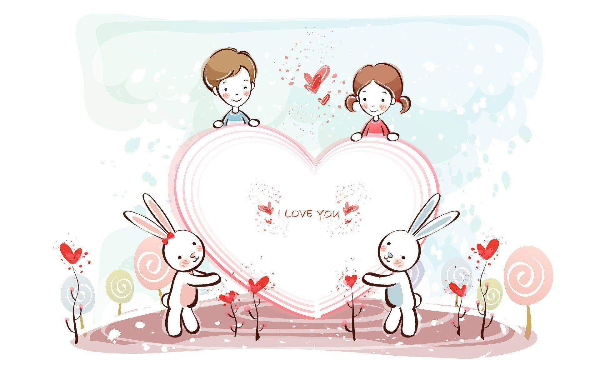 Cute Love Bunnies And Kids Background