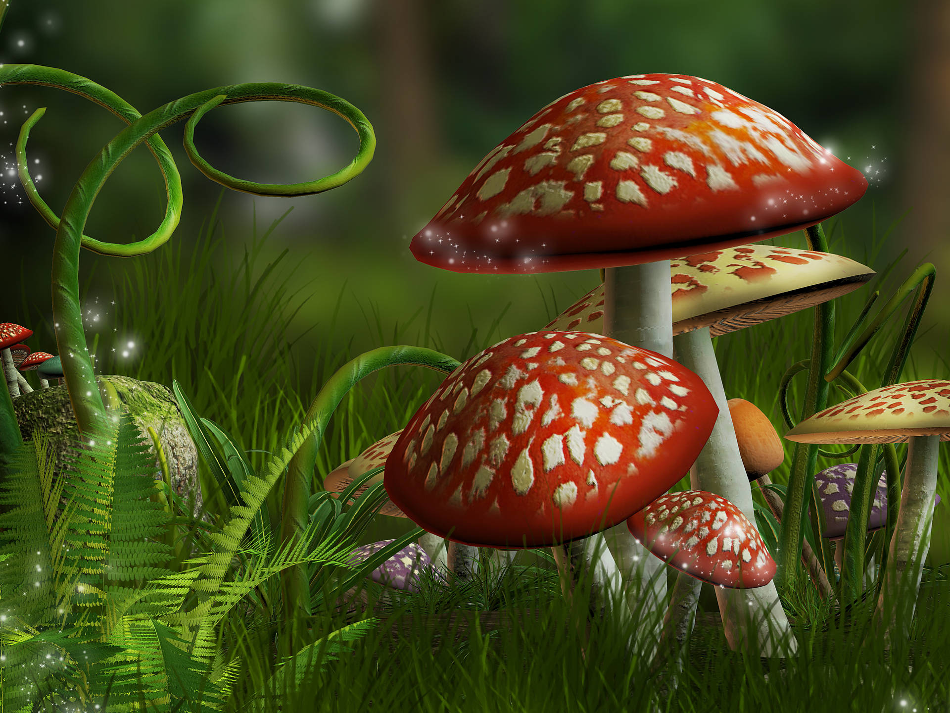 Cute Magical Mushrooms With Vines Background