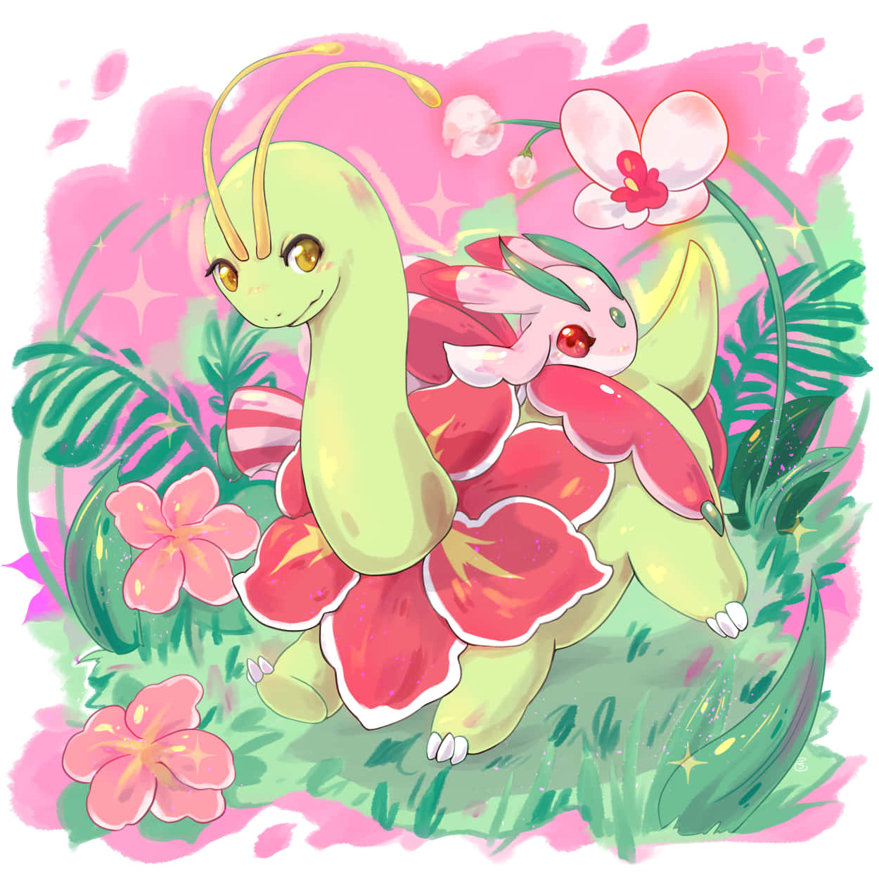Cute Meganium And Lurantis Illustration Background