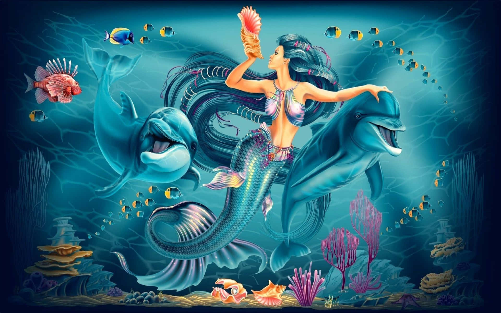 Cute Mermaid Blue Girl Dolphin Background