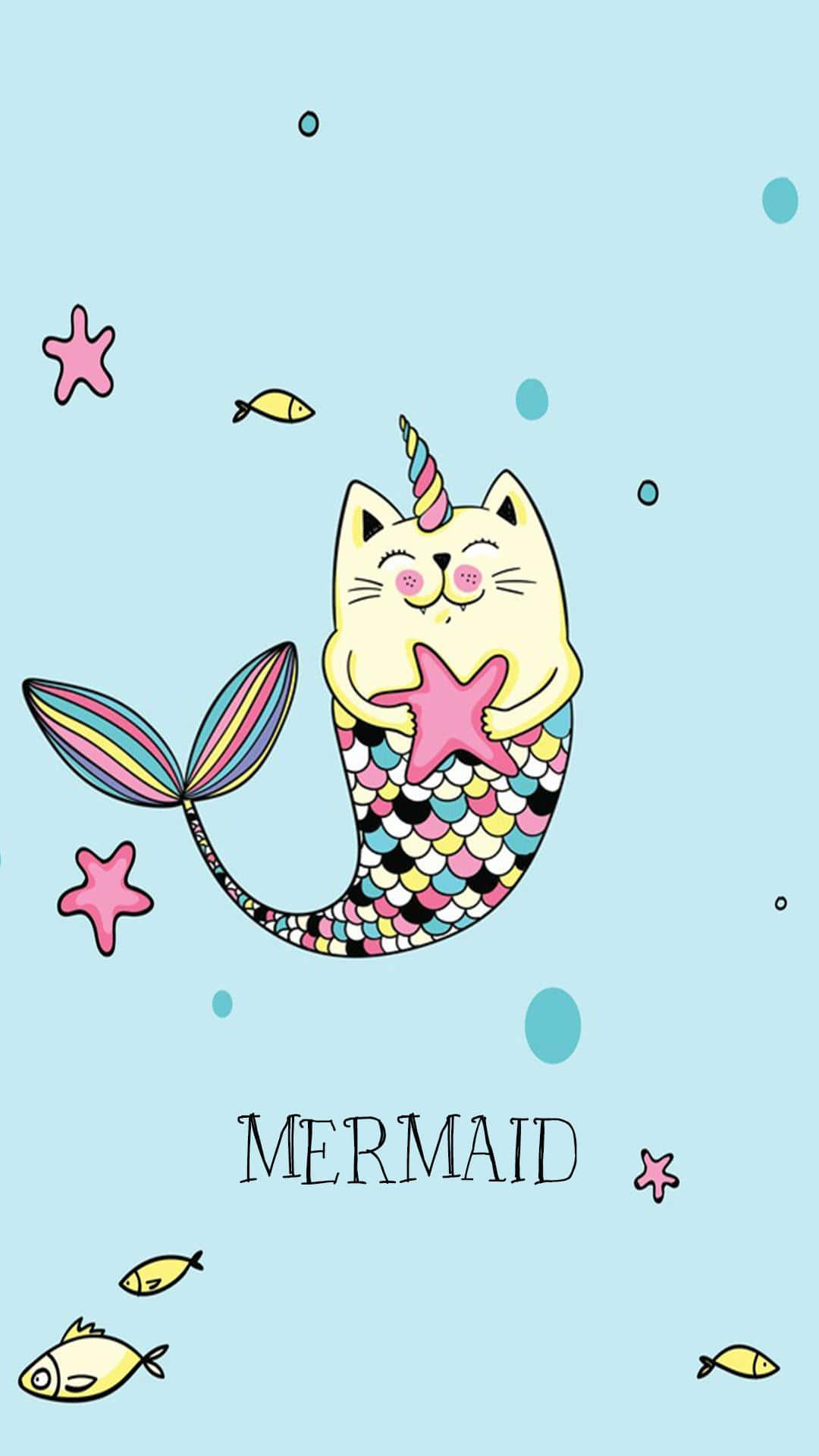 Cute Mermaid Cat Unicorn Starfish Background