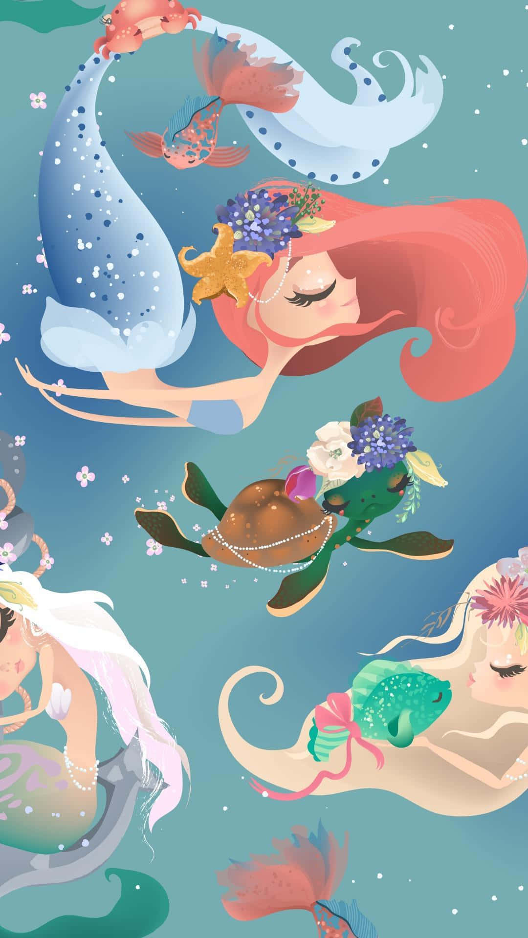 Cute Mermaid Friends Swimming Turtle Background