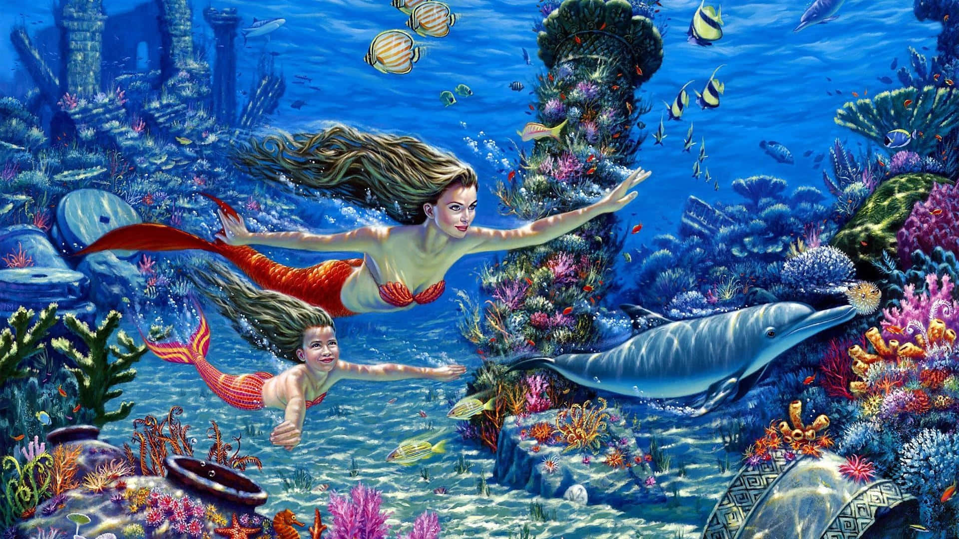 Cute Mermaid Under The Sea Background