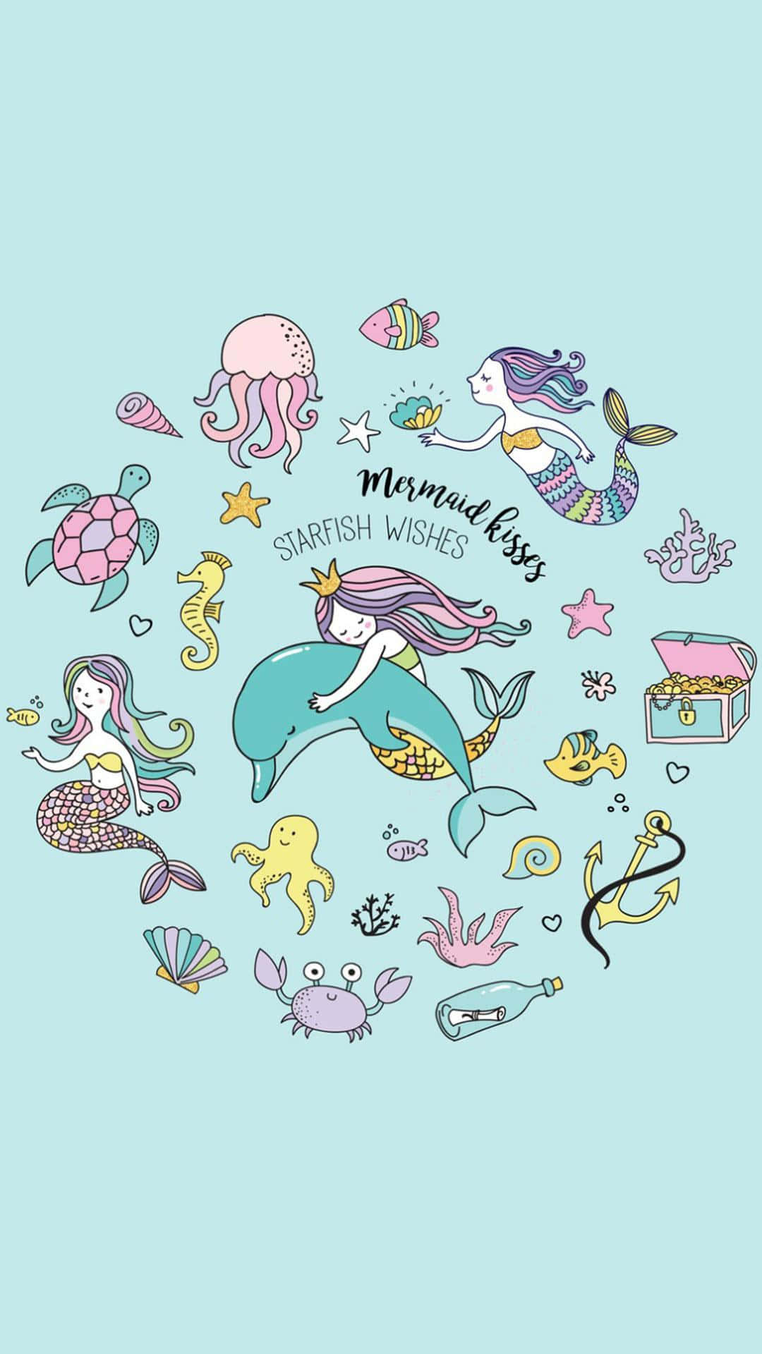 Cute Mermaid Unicorn Creatures Pastel Background