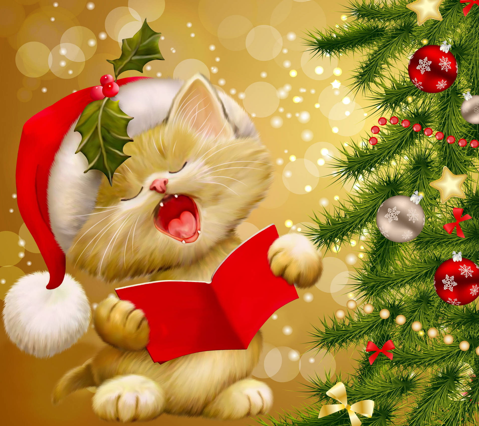 Cute Merry Christmas Singing Cat Background