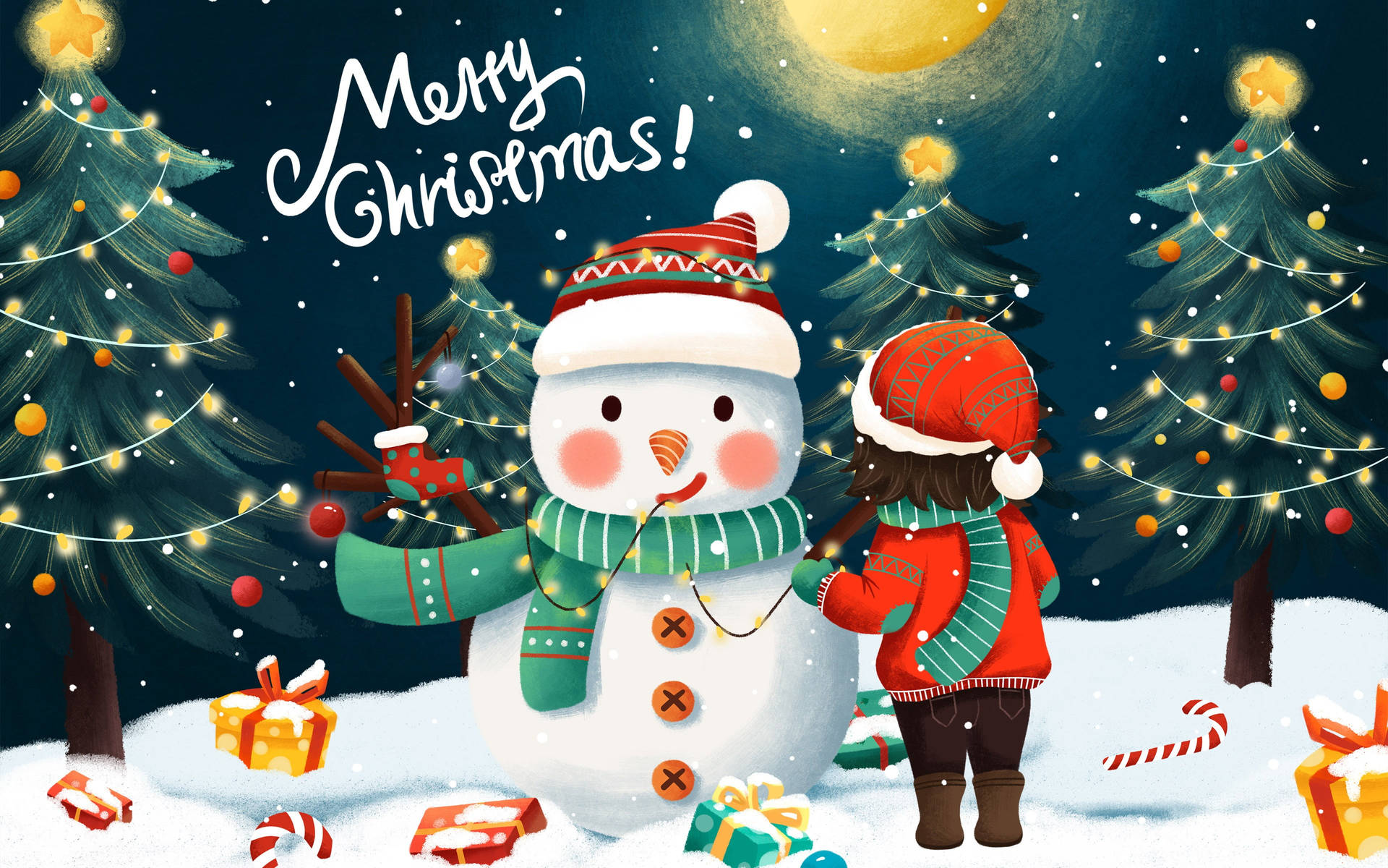 Cute Merry Christmas Snowman With Lights Background