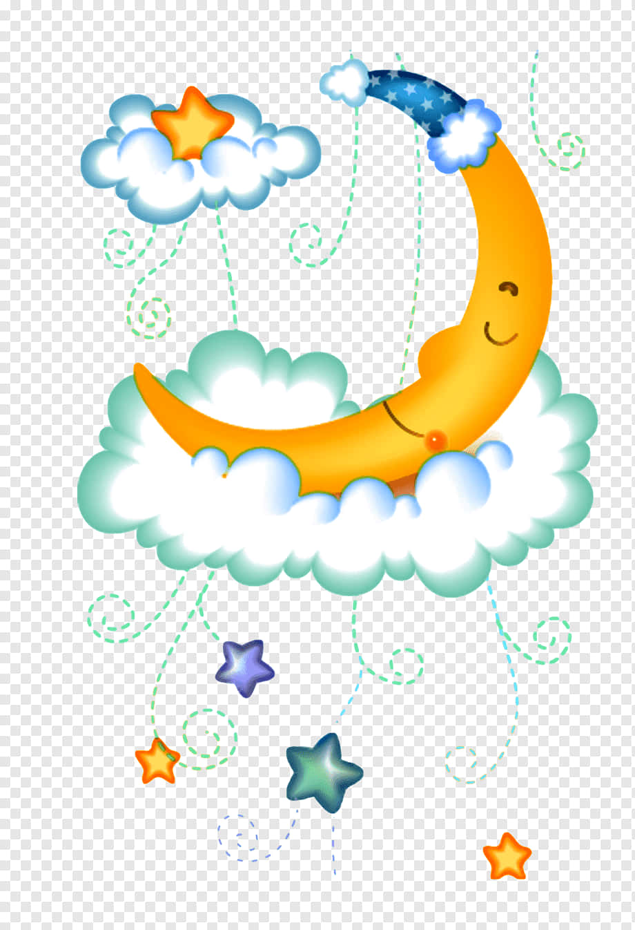 Cute Moon Sleeping On The Clouds Background