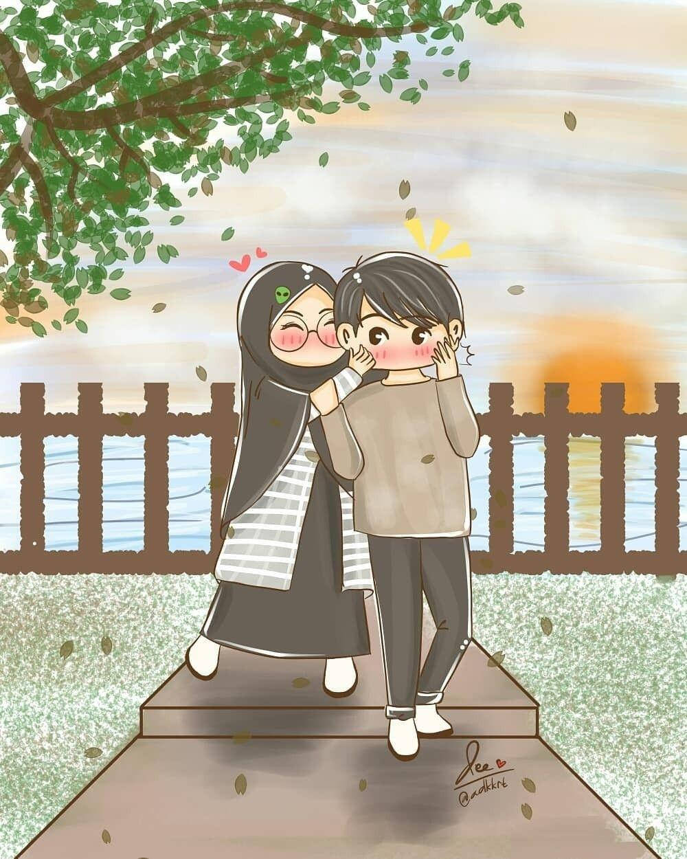 Cute Muslim Couple Cartoon Background